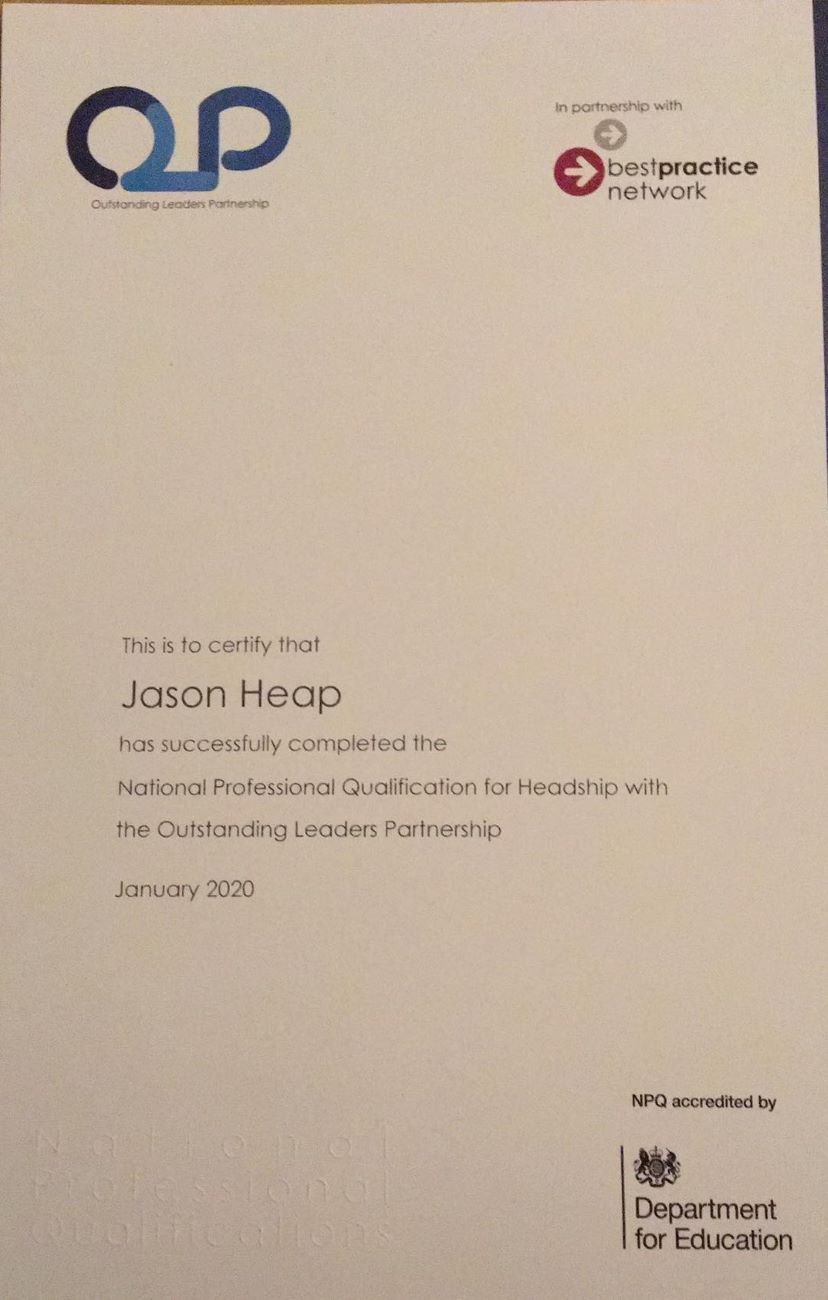 Dr Jason Heap Receives NPQH Qualification